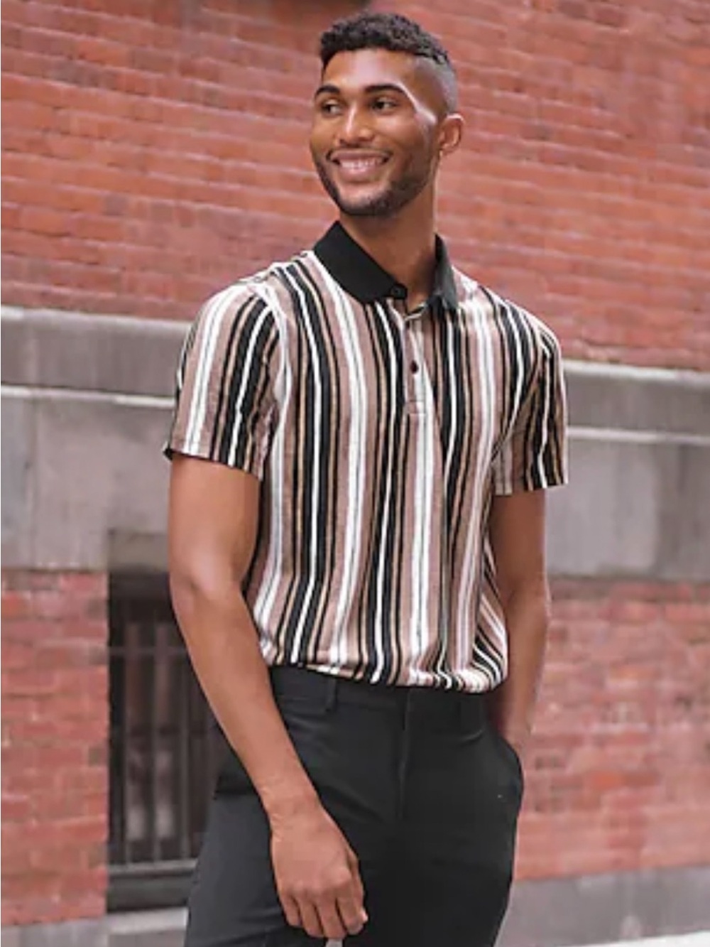 Express Men’s Vertical Stripe Polo in Black, Brown & Cream